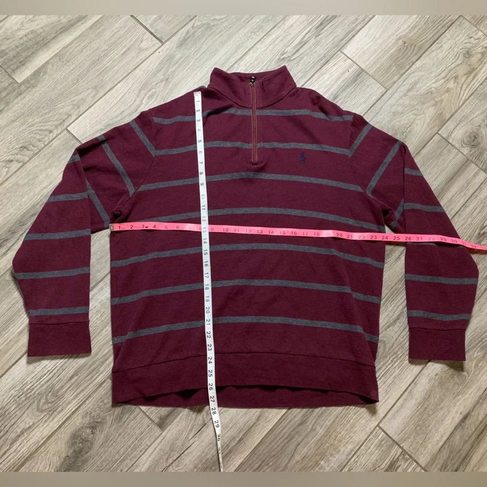 Polo Ralph Lauren Mens Quarter Zip Striped Pullover Burgundy Grey XL